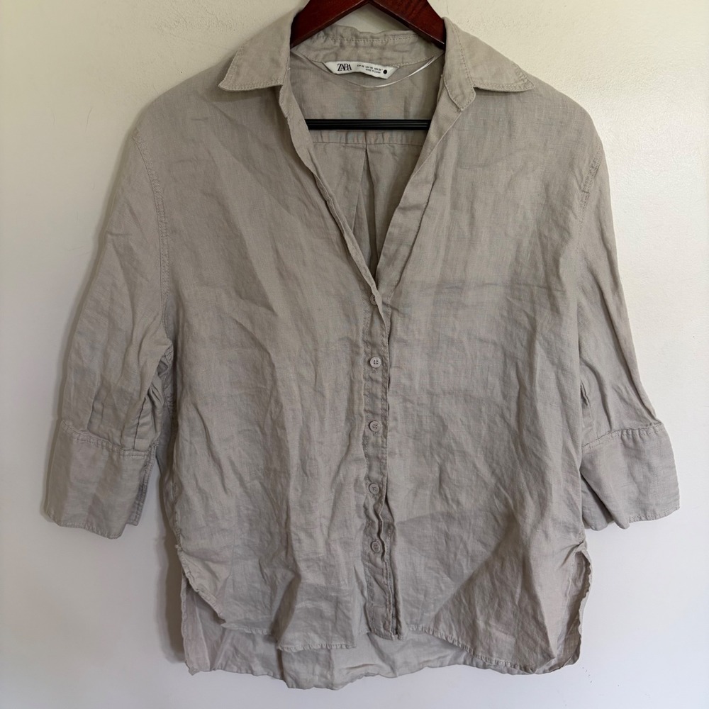 Zara Women XS Beige 100% Linen Button Down 3/4 Sleeve Relaxed Shirt Top